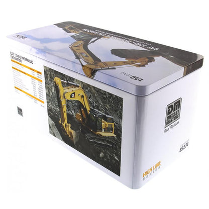 Model of a Caterpillar 374D L Hydraulic Excavator in Tin Box Packaging on a White Background