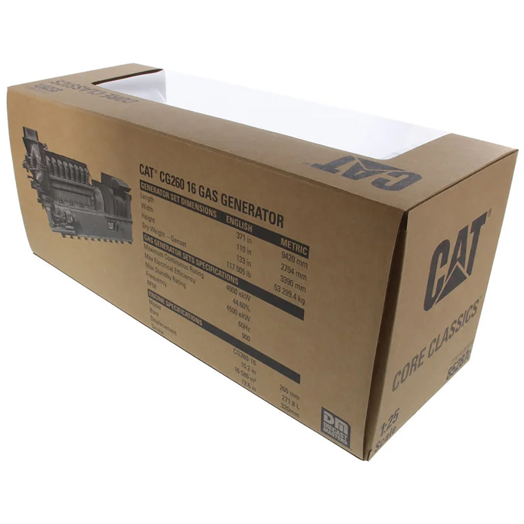 Cardboard box with Caterpillar (CAT) branding and product details on a white background