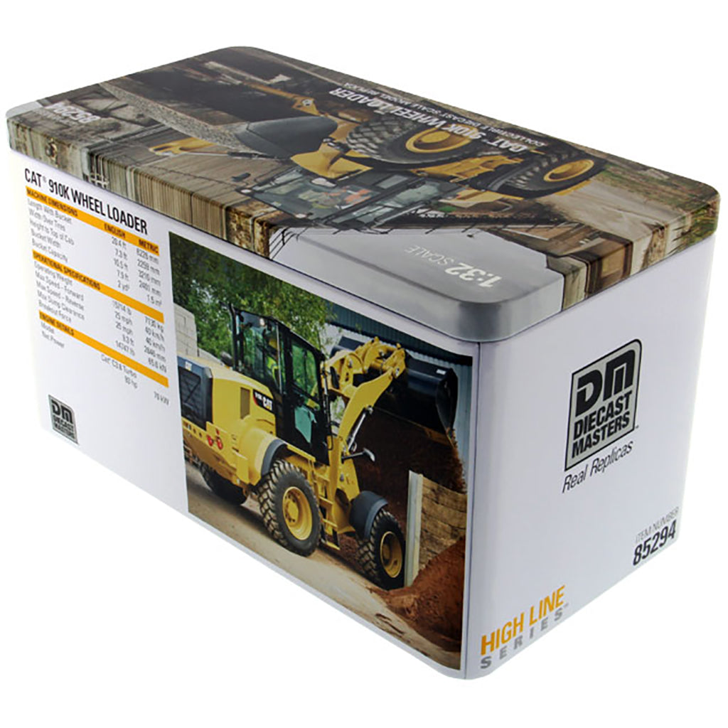 Model of a Caterpillar 910K Wheel Loader in a Tin Box Packaging on a White Background