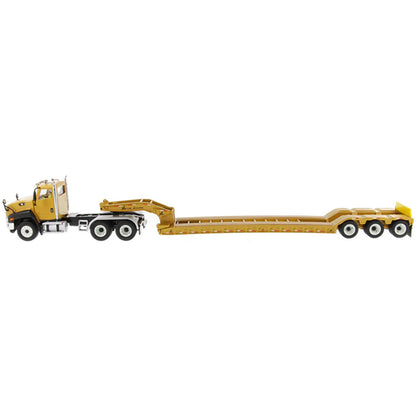 Model of a yellow low-loader truck on a white background