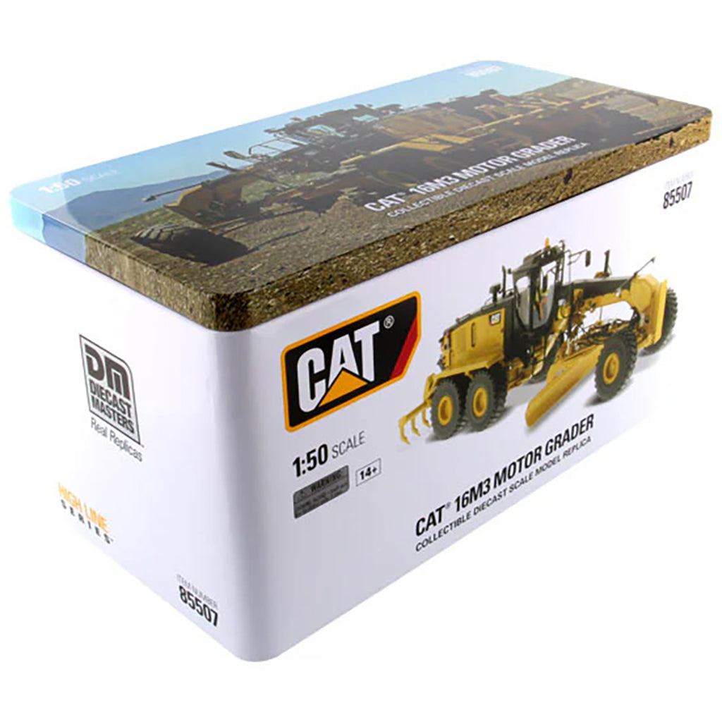 Boxed model of a CAT 16M Motor Grader with branding and specifications on a white background