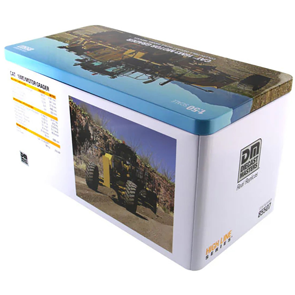 Boxed model of a CAT 16M Motor Grader with branding and specifications on a white background