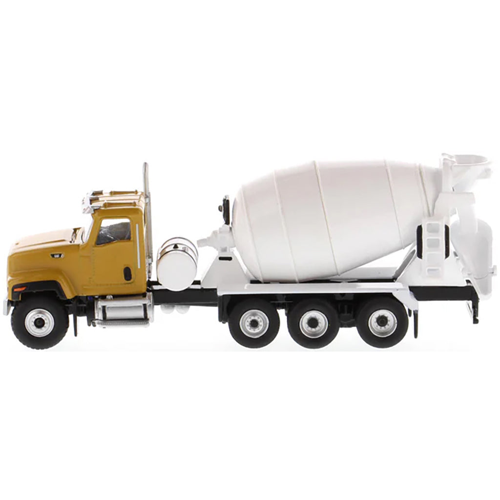 Model of a yellow cement truck with a white mixer on a white background