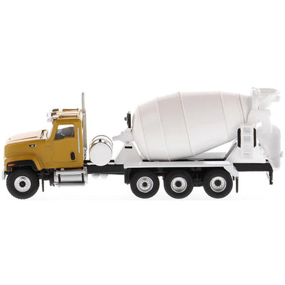 Model of a yellow cement truck with a white mixer on a white background