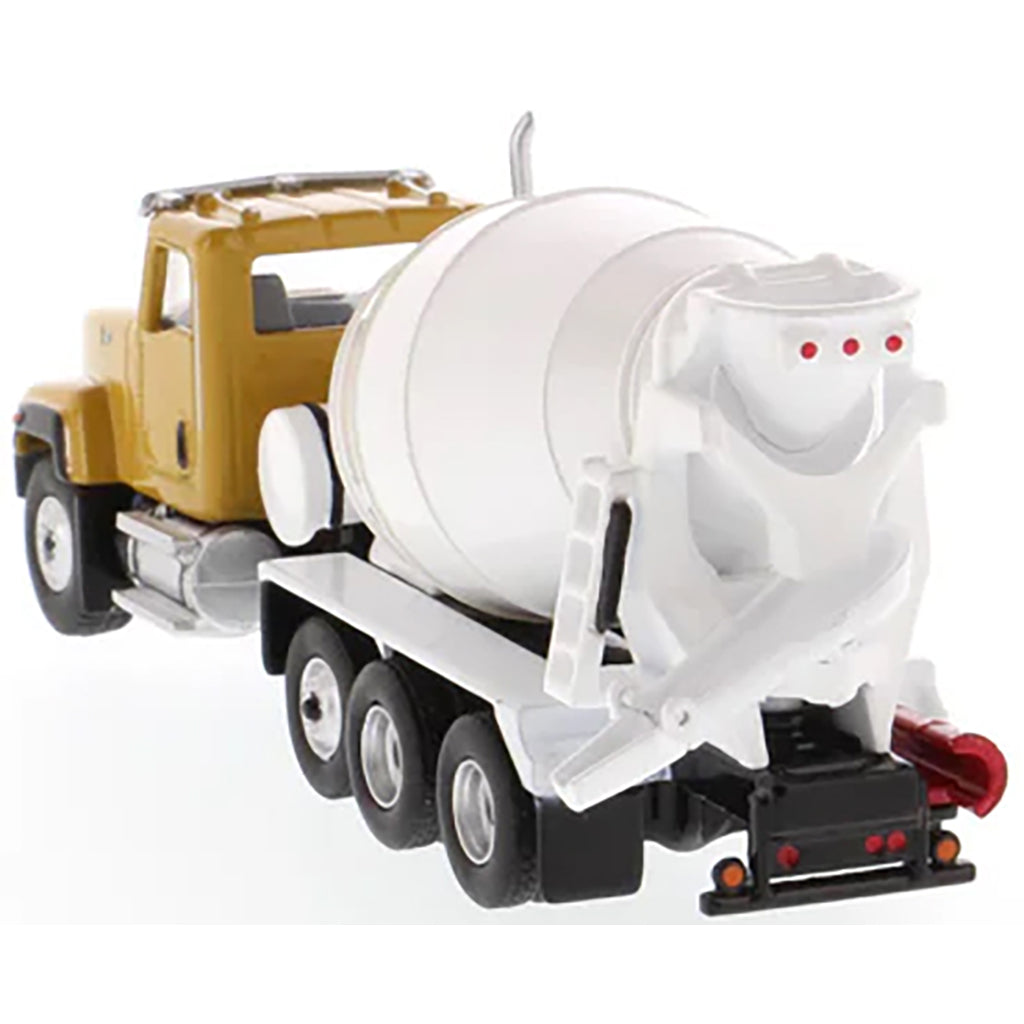 Toy truck with a white cement mixer attachment on a white background