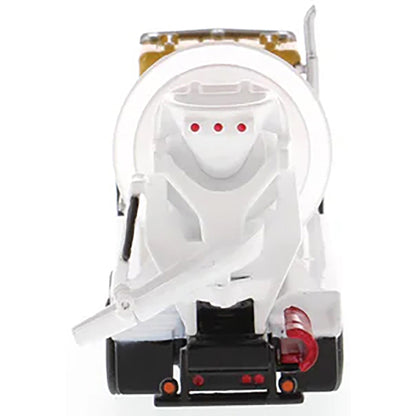 Small robot or toy figure with a white face and red eyes on a white background
