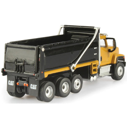 Model dump truck with black bed and yellow body on a white background