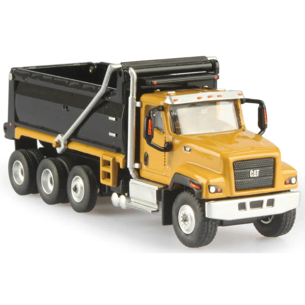 Model of a yellow dump truck with black bed on a white background