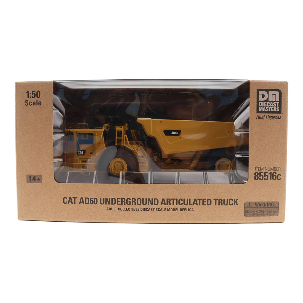 Boxed model of a CAT AD60 Underground Articulated Truck with Diecast Masters branding.