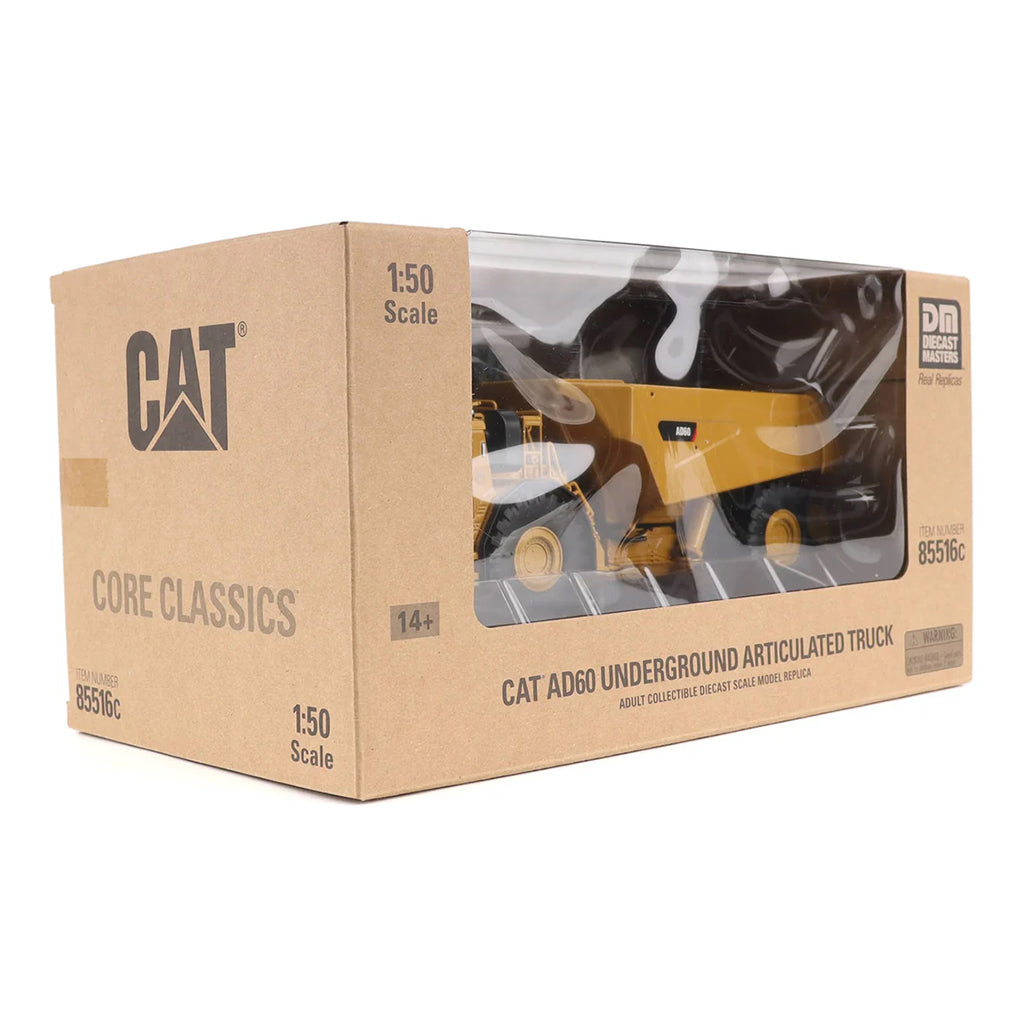 Boxed model of a CAT AD60 Underground Articulated Truck with Diecast Masters branding.