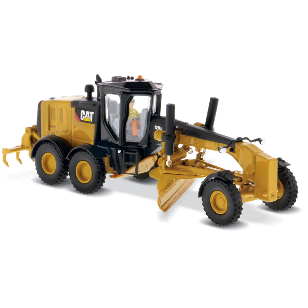 Model of a Caterpillar 12M3 Road Grader Construction Vehicle on a White Background
