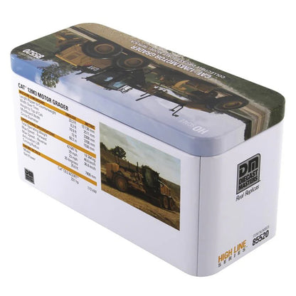 Model of a Caterpillar 12M3 Road Grader Construction Vehicle in Tin Box Packaging on a White Background