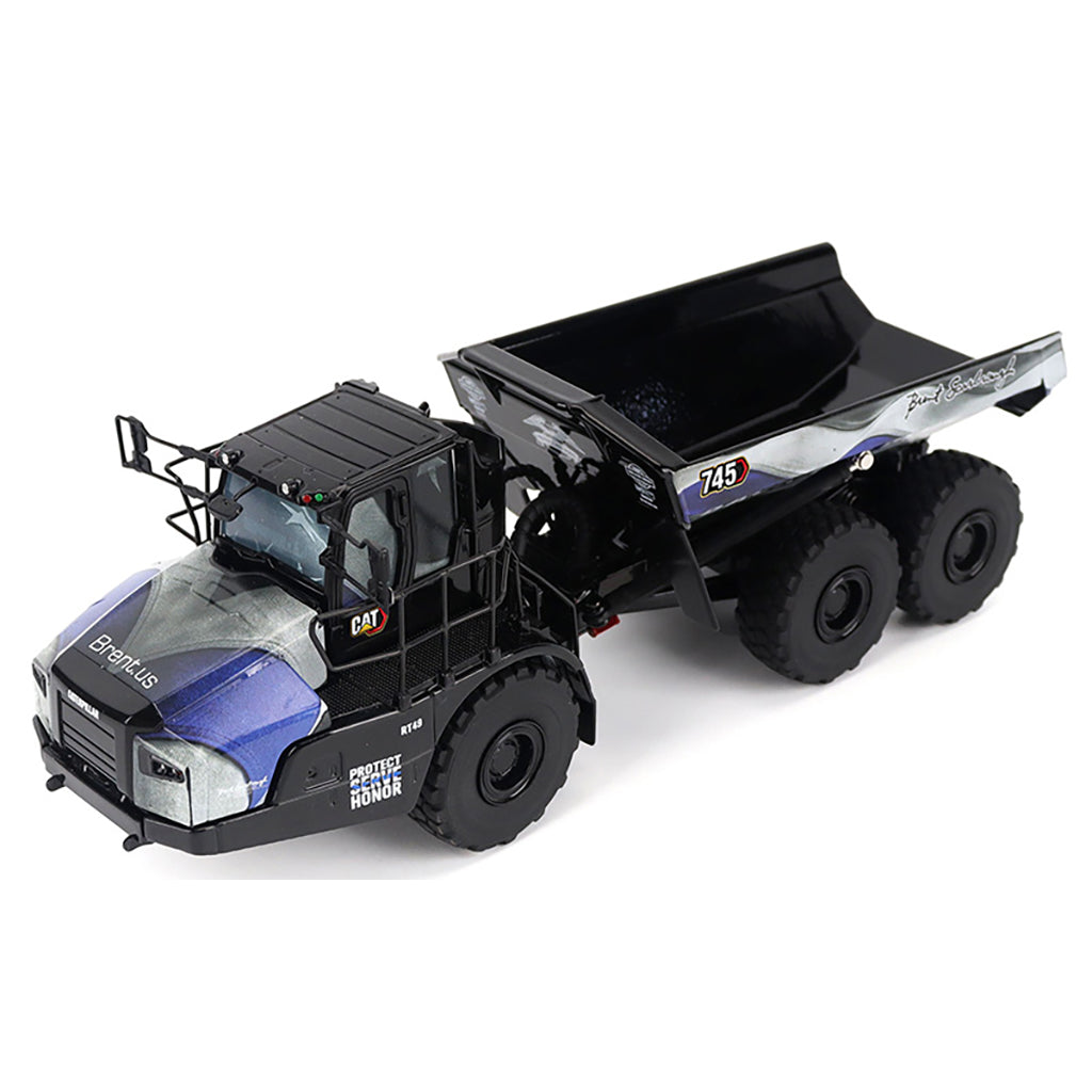 Model of a Caterpillar 745 Articulated Dump Truck "Brent Scarbrough & Co. - Back the Blue" on a White Background