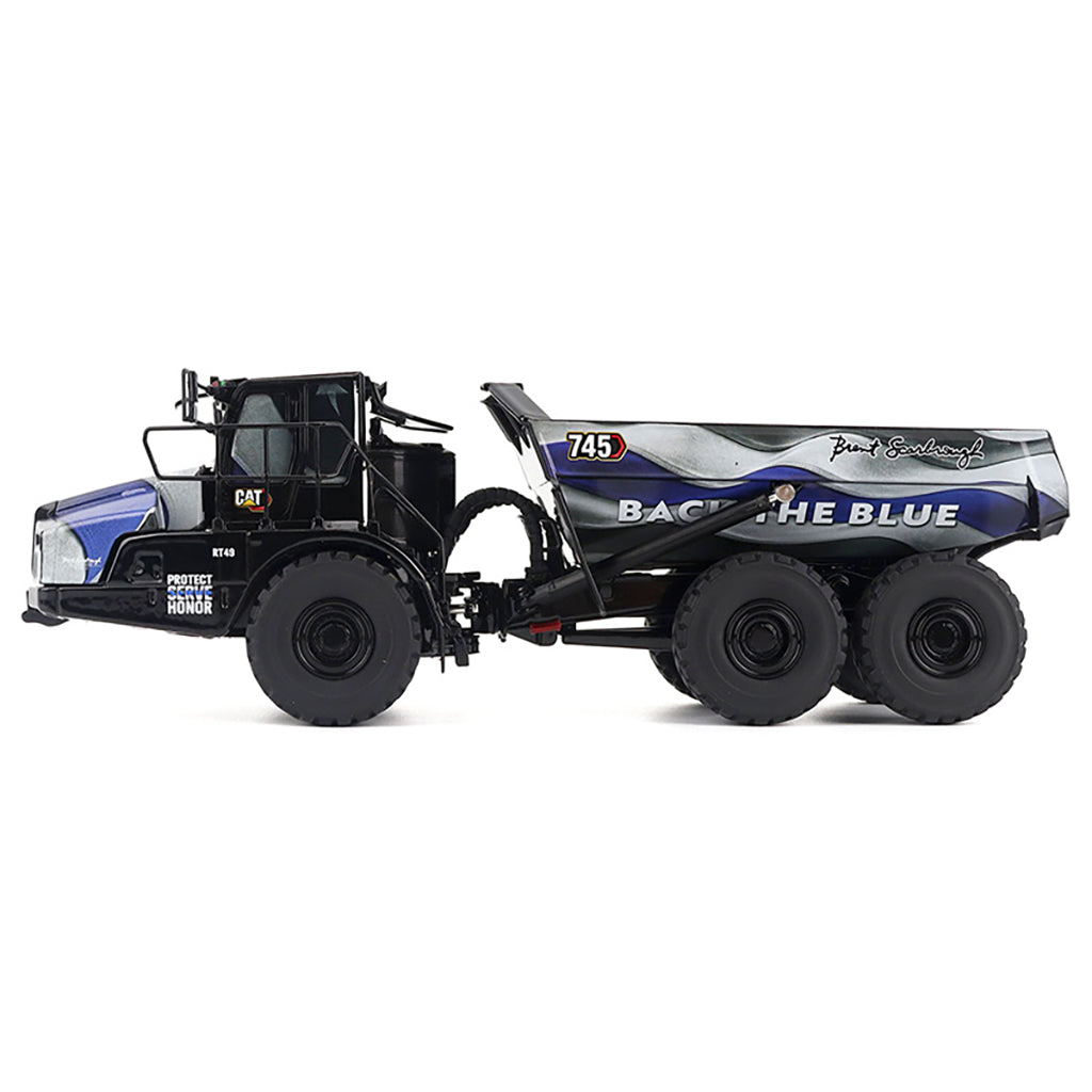 Model of a Caterpillar 745 Articulated Dump Truck "Brent Scarbrough & Co. - Back the Blue" on a White Background