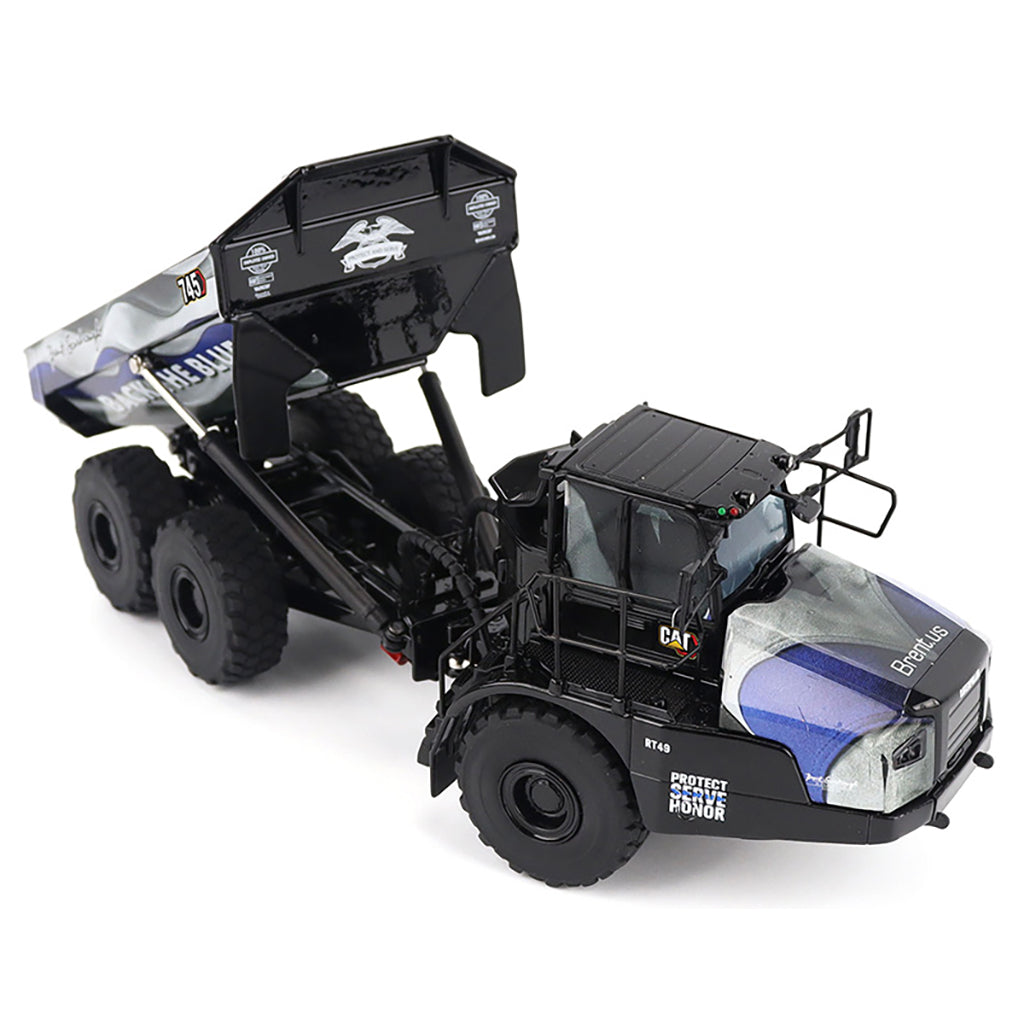 Model of a Caterpillar 745 Articulated Dump Truck "Brent Scarbrough & Co. - Back the Blue" on a White Background