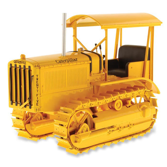 Model of a Caterpillar Twenty-Five Crawler Tractor with Canopy and Metal Tracks (Yellow) on a White Background
