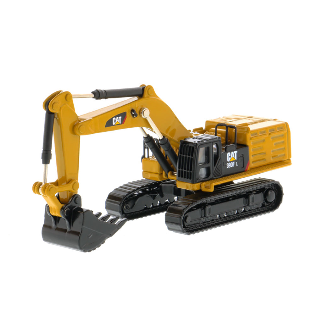 A yellow and black CAT toy excavator with a black bucket and tracks, shown on a clean white background.