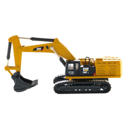 A yellow and black CAT toy excavator with a black bucket and tracks, shown on a clean white background.