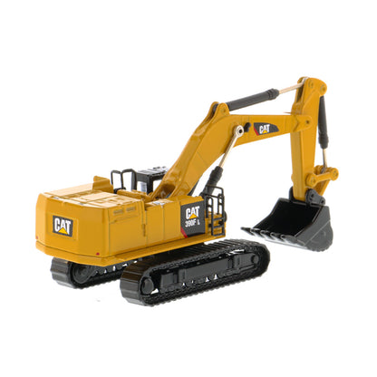 A yellow and black CAT toy excavator with a black bucket and tracks, shown on a clean white background.