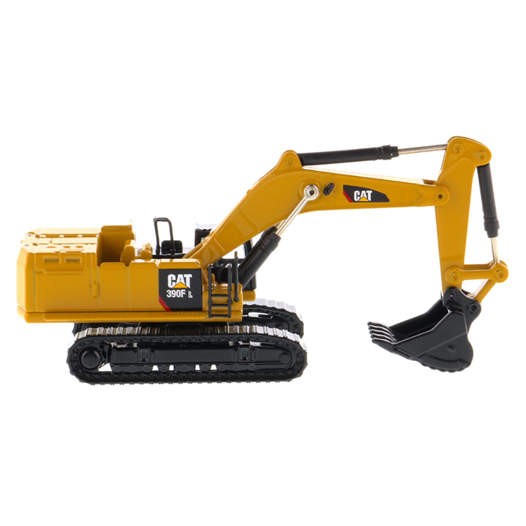 A yellow and black CAT toy excavator with a black bucket and tracks, shown on a clean white background.