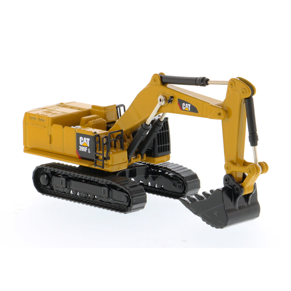 A yellow and black CAT toy excavator with a black bucket and tracks, shown on a clean white background.