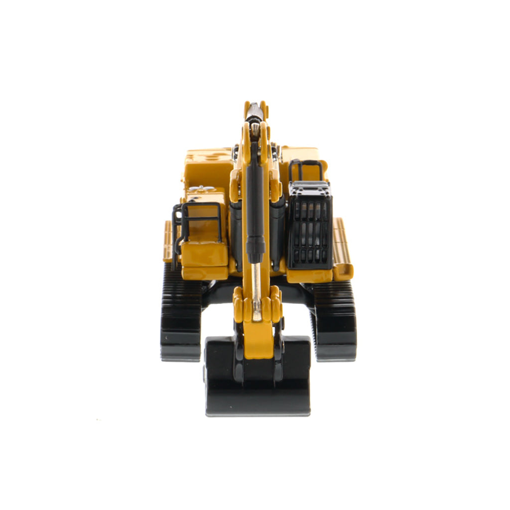 A yellow and black CAT toy excavator with a black bucket and tracks, shown on a clean white background.