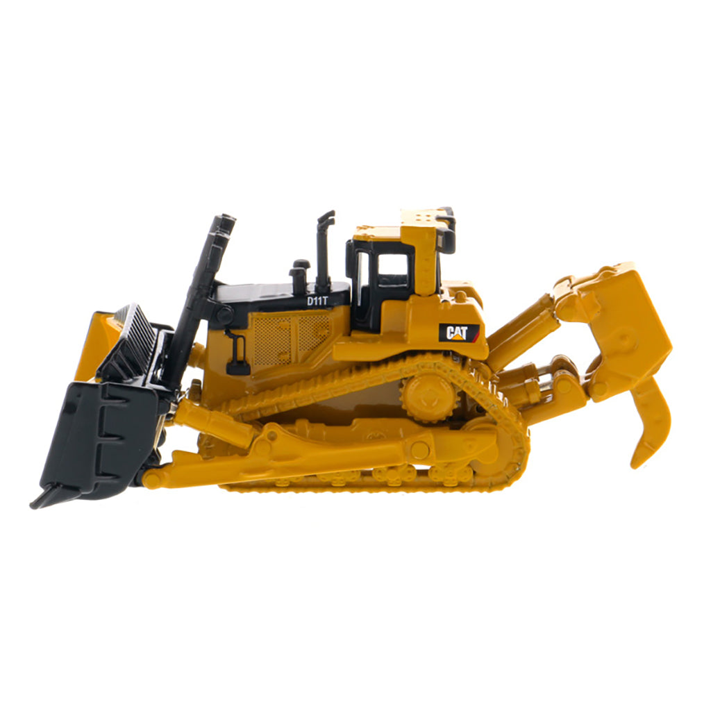 A yellow and black CAT bulldozer model shown in side profile on a plain white background.