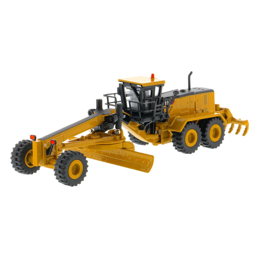 1:125 Scale Diecast Model of a Caterpillar 24M Motor Grader on a White Background