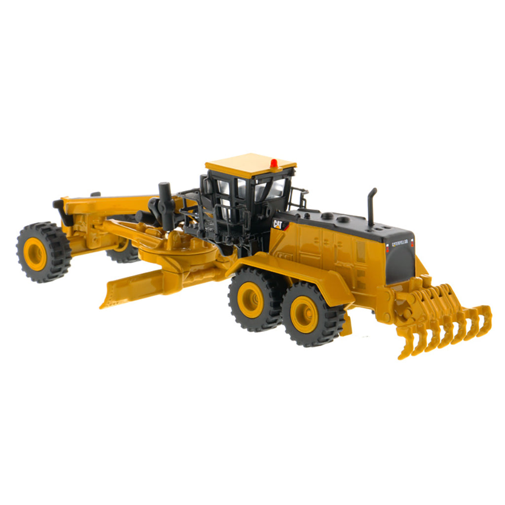 1:125 Scale Diecast Model of a Caterpillar 24M Motor Grader on a White Background