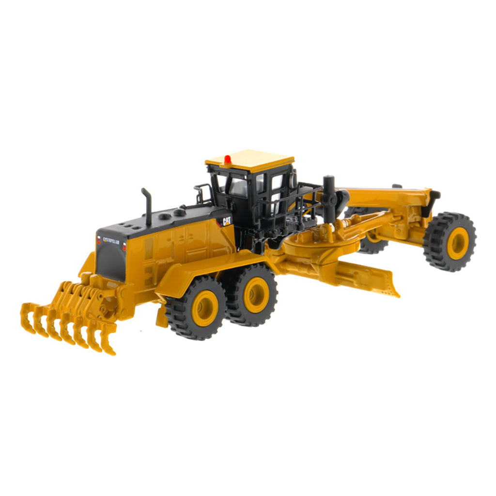 1:125 Scale Diecast Model of a Caterpillar 24M Motor Grader on a White Background