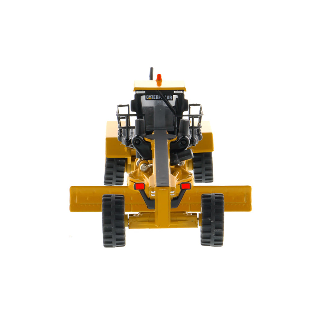 1:125 Scale Diecast Model of a Caterpillar 24M Motor Grader on a White Background