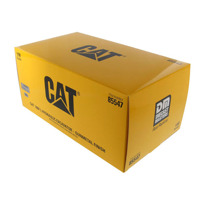 Yellow closed cardboard box for a Diecast Masters Caterpillar 390F L Hydraulic Excavator in Gunmetal Finish by Diecast Masters on a White Background