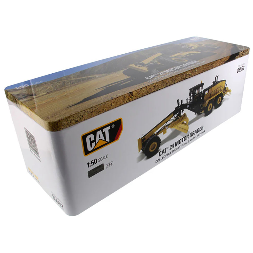 Model of a Caterpillar 24 Road Grader Construction Vehicle Tin Box Packaging on a White Background