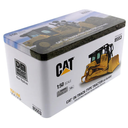 Box packaging of a CAT D6 track-type tractor model by DM Diecast Masters on a white background
