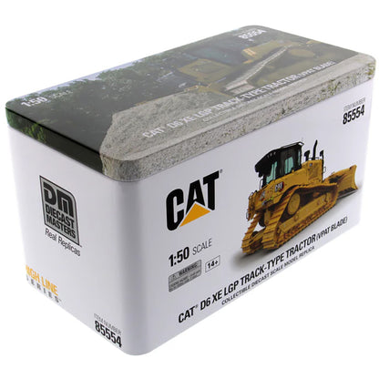 Model tractor packaging with CAT logo and bulldozer illustration on a white background