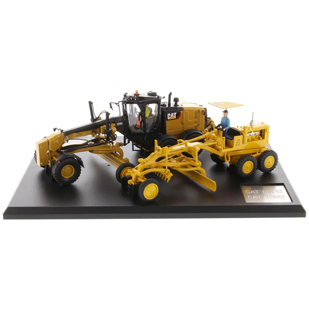Models of 2 Different Caterpillar Road Graders, 1 Vintage Diesel No 12 Motor Grader and 1 Modern 12M3 Motor Grader Mounted to a Black Base on a White Background