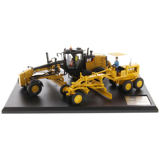 Models of 2 Different Caterpillar Road Graders, 1 Vintage Diesel No 12 Motor Grader and 1 Modern 12M3 Motor Grader Mounted to a Black Base on a White Background