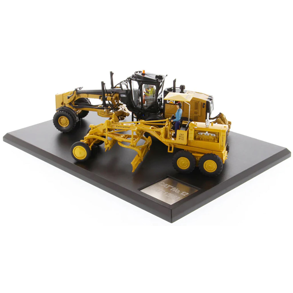Models of 2 Different Caterpillar Road Graders, 1 Vintage Diesel No 12 Motor Grader and 1 Modern 12M3 Motor Grader Mounted to a Black Base on a White Background