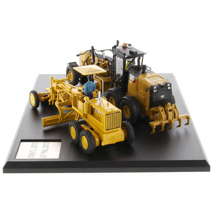Models of 2 Different Caterpillar Road Graders, 1 Vintage Diesel No 12 Motor Grader and 1 Modern 12M3 Motor Grader Mounted to a Black Base on a White Background