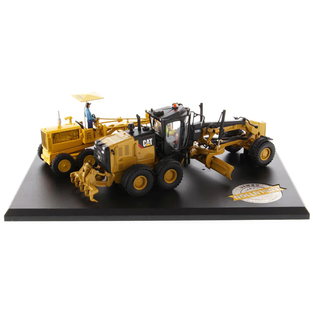 Models of 2 Different Caterpillar Road Graders, 1 Vintage Diesel No 12 Motor Grader and 1 Modern 12M3 Motor Grader Mounted to a Black Base on a White Background