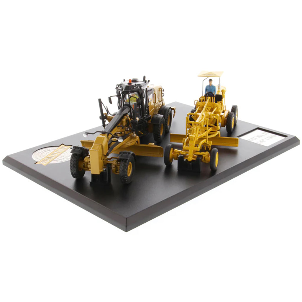 Models of 2 Different Caterpillar Road Graders, 1 Vintage Diesel No 12 Motor Grader and 1 Modern 12M3 Motor Grader Mounted to a Black Base on a White Background