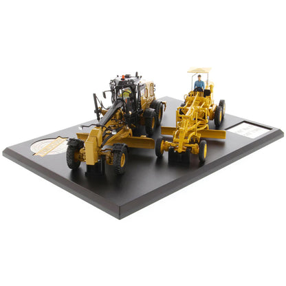 Models of 2 Different Caterpillar Road Graders, 1 Vintage Diesel No 12 Motor Grader and 1 Modern 12M3 Motor Grader Mounted to a Black Base on a White Background