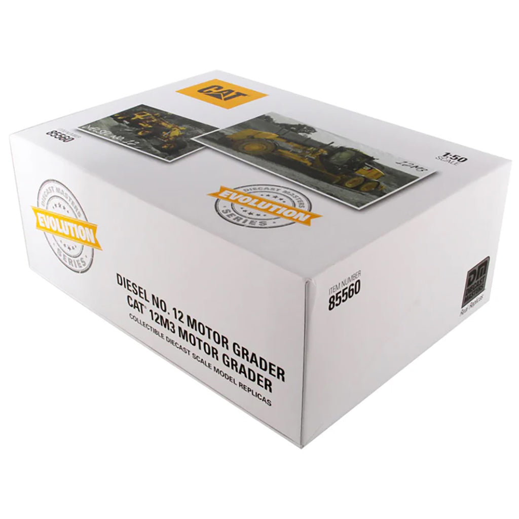 Evolution Series Packaging for the Caterpillar Diesel No. 12 Motor Grader and CAT 12M3 Motor Grader on a White Background