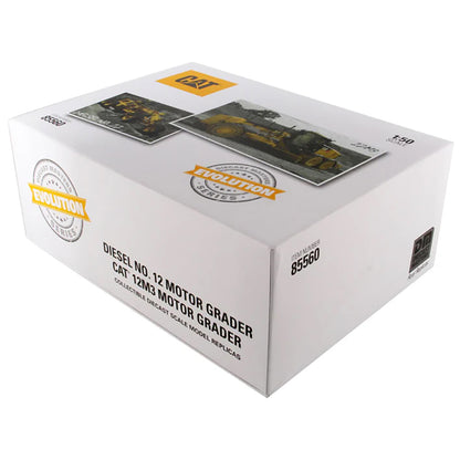 Evolution Series Packaging for the Caterpillar Diesel No. 12 Motor Grader and CAT 12M3 Motor Grader on a White Background