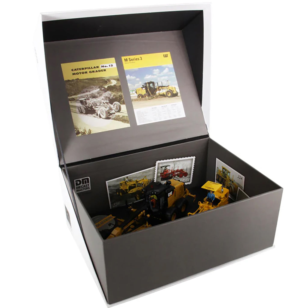 Evolution Series Packaging for the Caterpillar Diesel No. 12 Motor Grader and CAT 12M3 Motor Grader on a White Background