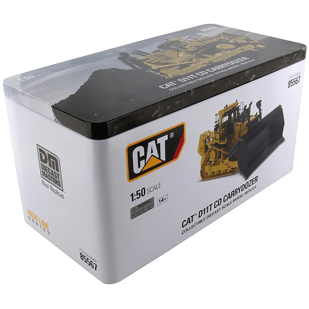 Model of a Caterpillar D11T CD Carrydozer on a white box packaging