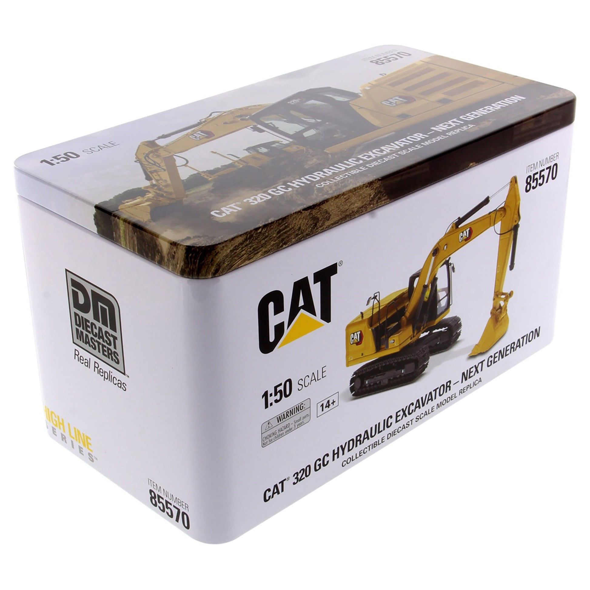 CAT 320 GC Hydraulic Excavator - Next Generation collectible model kit in a white metal tin box by Diecast Masters. The box features a yellow excavator illustration and a photo of the actual excavator on the lid.