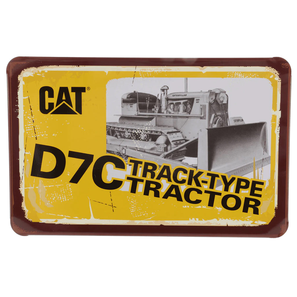 Vintage-style sign for Caterpillar D7C track-type tractor with yellow and brown design.