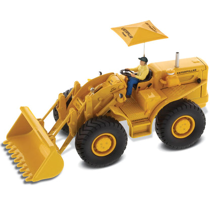 Model of a Yellow Caterpillar 966A Wheel Loader with Shade Umbrella on a White Background
