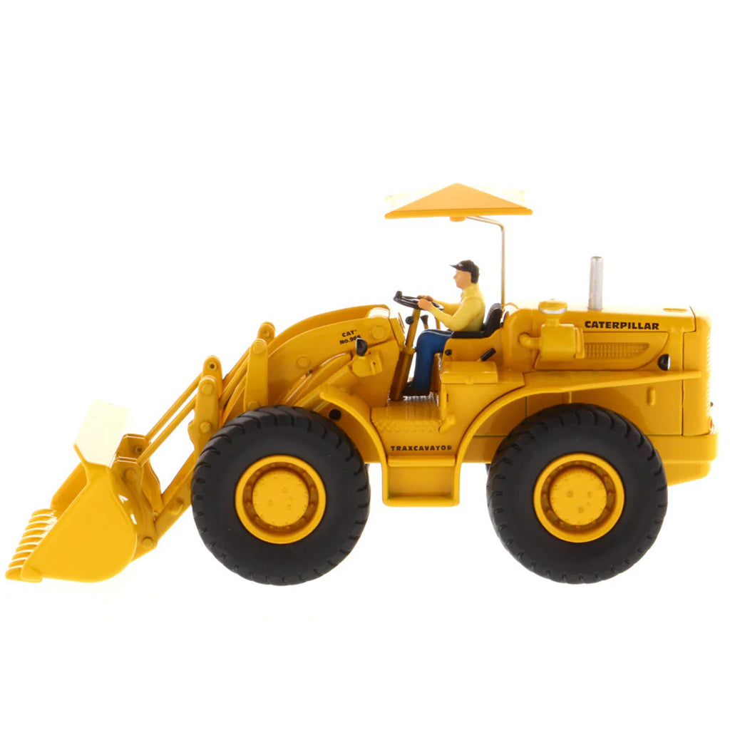 Model of a Yellow Caterpillar 966A Wheel Loader with Shade Umbrella on a White Background
